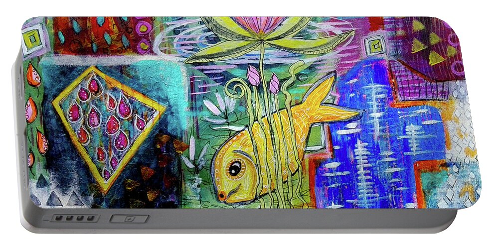 Evening Portable Battery Charger featuring the mixed media Evening by the Pond by Mimulux Patricia No