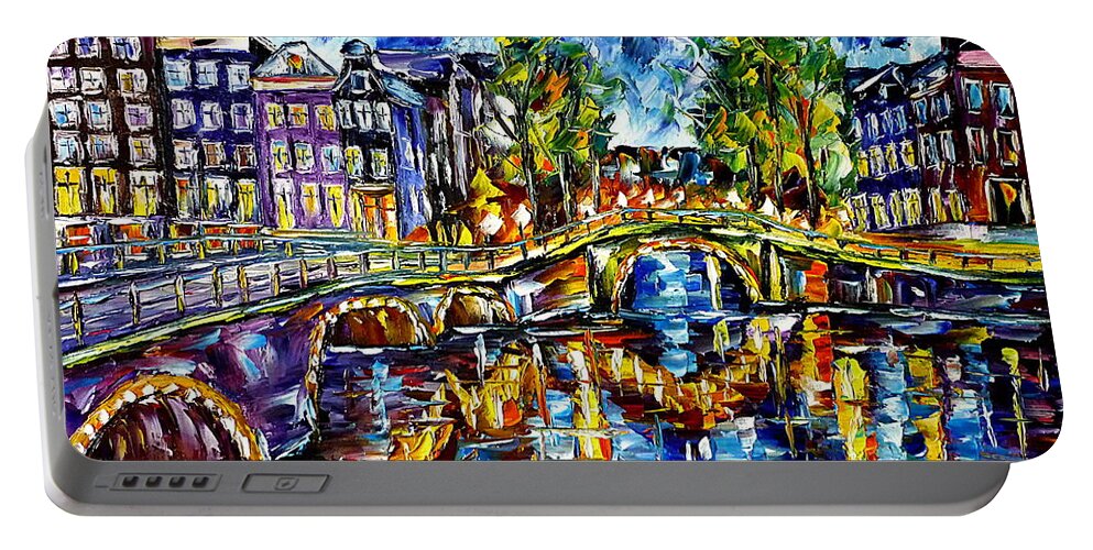 Holland Painting Portable Battery Charger featuring the painting Evening Mood In Amsterdam by Mirek Kuzniar