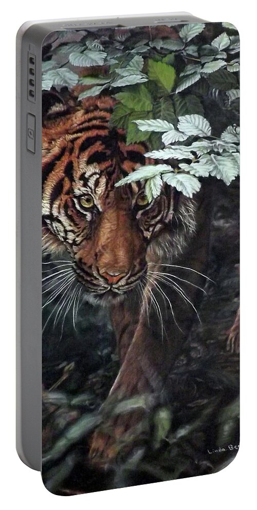 Tiger Portable Battery Charger featuring the painting Eye See You by Linda Becker
