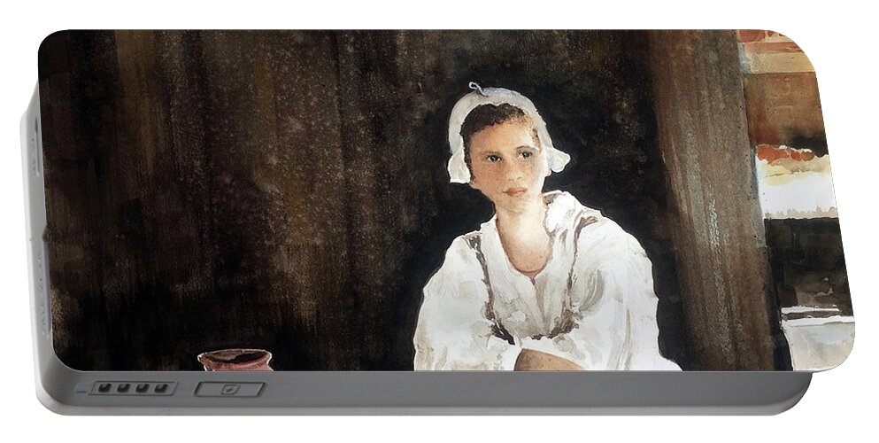 A Young Girl Dressed In A Period Costume Sits At A Table At The Jamestown Settlement. Portable Battery Charger featuring the painting Fair Maiden by Monte Toon