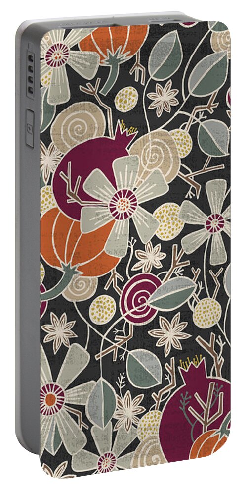 Bountiful Portable Battery Charger featuring the painting Fall Botanical Art Black Background by Jen Montgomery