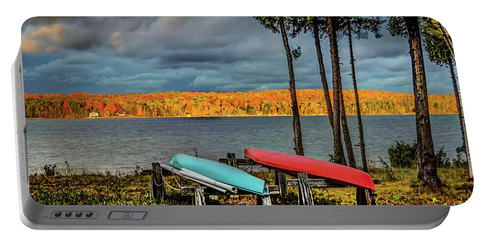 Fall Portable Battery Charger featuring the digital art Fall Color and Kayaks DSC_0626 by Michael Thomas