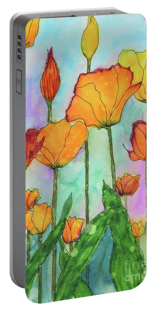 Barrieloustark Portable Battery Charger featuring the painting Fanciful Tulips by Barrie Stark
