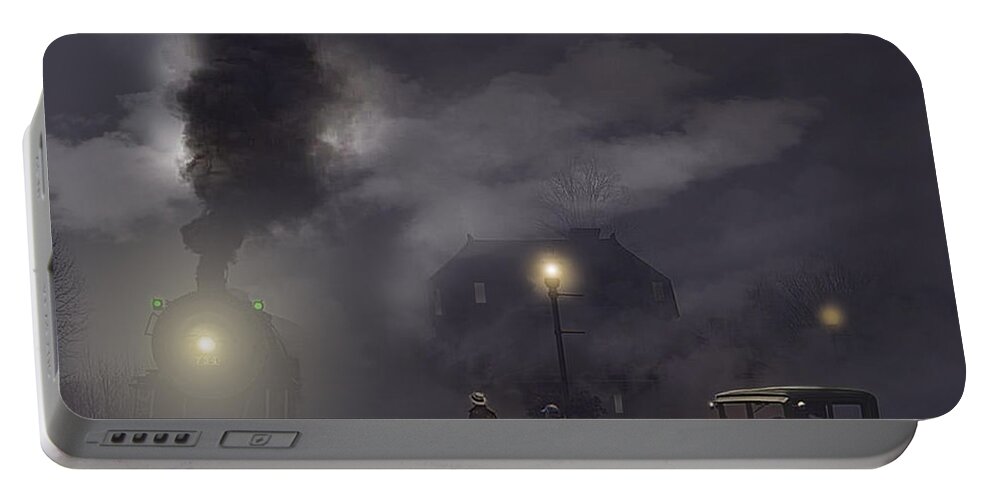 Steam Locomotive Portable Battery Charger featuring the painting Fast Freight On A Foggy Night by Glenn Galen