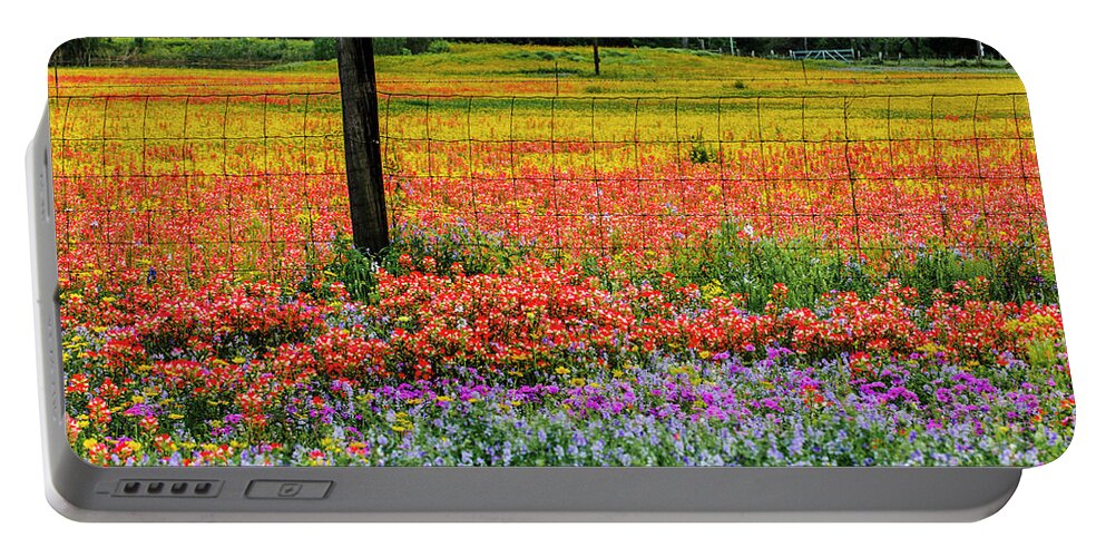 Texas Bluebonnets Portable Battery Charger featuring the photograph Fence Post of Color by Johnny Boyd