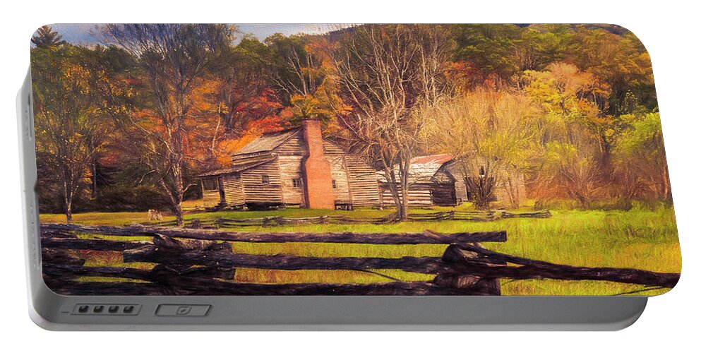Barn Portable Battery Charger featuring the photograph Fences and Cabins Cades Cove Oil Painting by Debra and Dave Vanderlaan