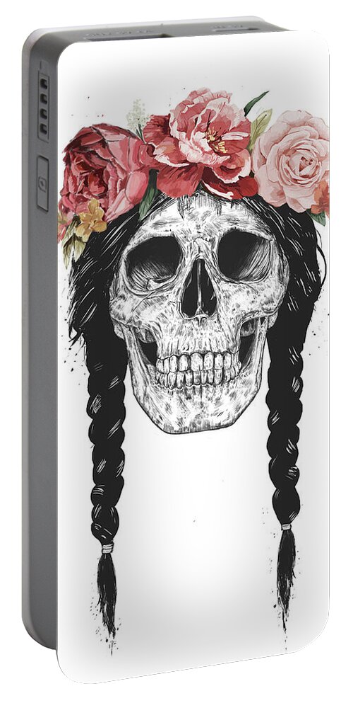 Skull Portable Battery Charger featuring the drawing Festival skull by Balazs Solti