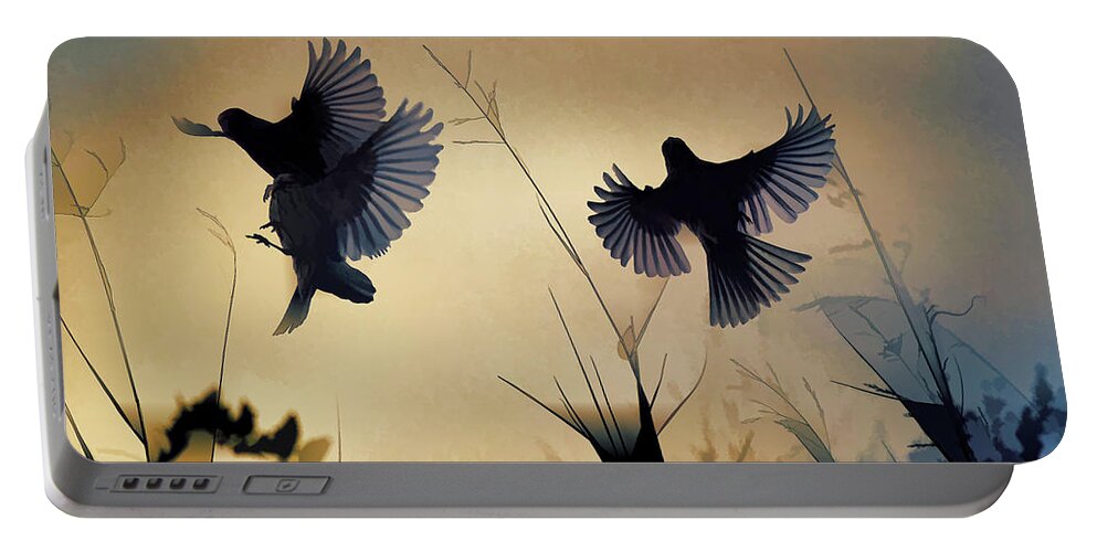 Linda Brody Portable Battery Charger featuring the digital art Finches Silhouette with Leaves 6 Abstract by Linda Brody