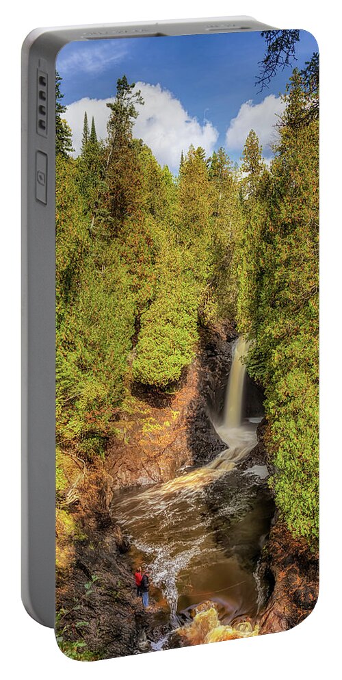 Waterfall Portable Battery Charger featuring the photograph Fishing at Cascade Falls by Susan Rissi Tregoning