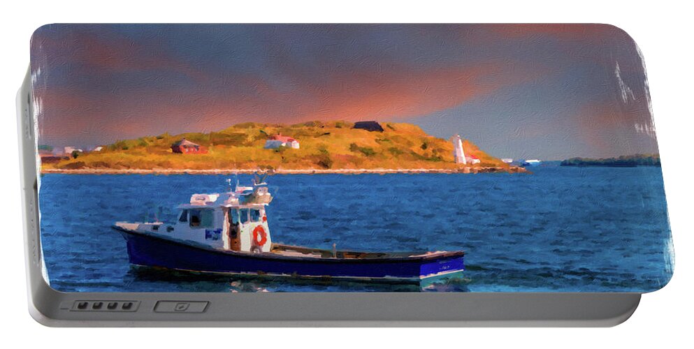 Cruise Ship Terminal Portable Battery Charger featuring the photograph Fishing Boat Past Small Lighthouse by Darryl Brooks