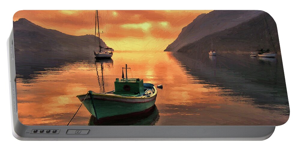 Fishing Boats Portable Battery Charger featuring the painting Fishing Boats at Sunset Simi Greek Islands-DWP40406001 by Dean Wittle