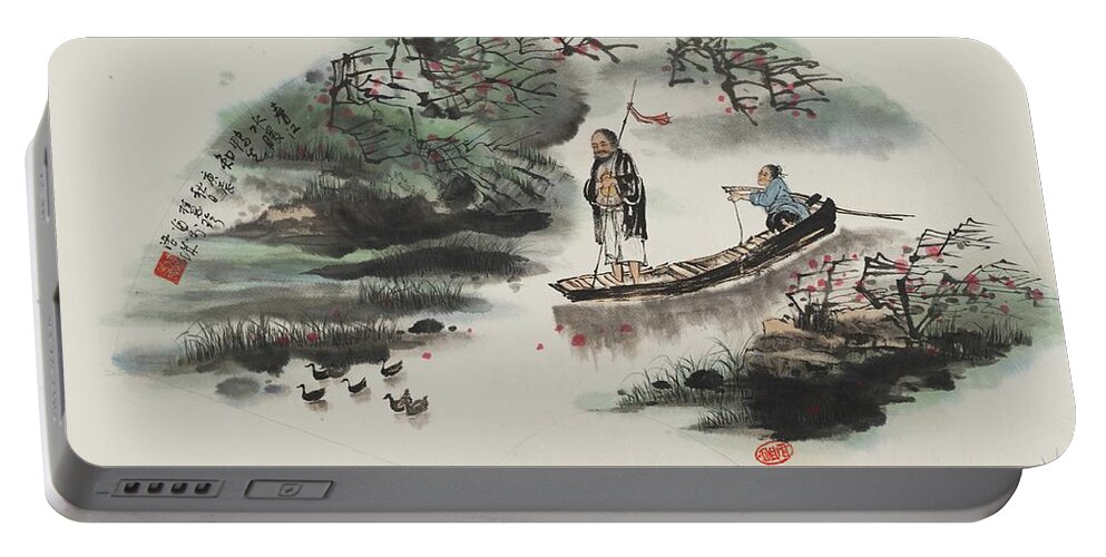 Chinese Watercolor Portable Battery Charger featuring the painting Shepherding the Flock of Ducks Home at Days End by Jenny Sanders