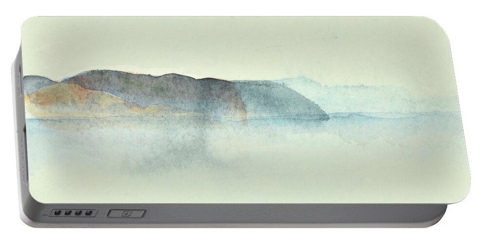 Landscape Portable Battery Charger featuring the painting Fishing in morning haze 2  Fiske i morgondis 2_76x73 cm by Marica Ohlsson