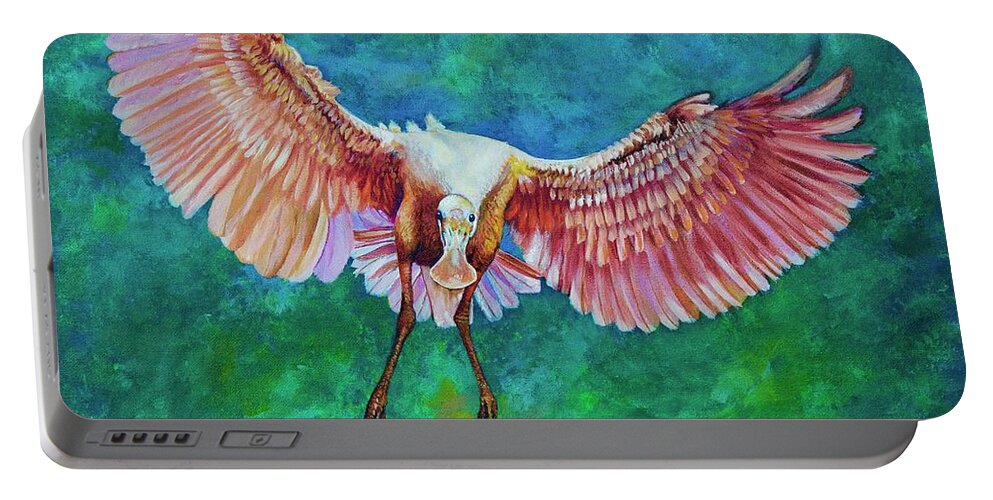 Roseate Spoonbill Portable Battery Charger featuring the painting Fledgling FLight by AnnaJo Vahle