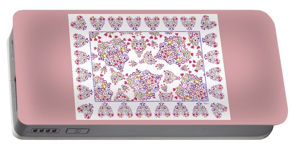 Lise Winne Portable Battery Charger featuring the drawing Floating Hearts with Border by Lise Winne