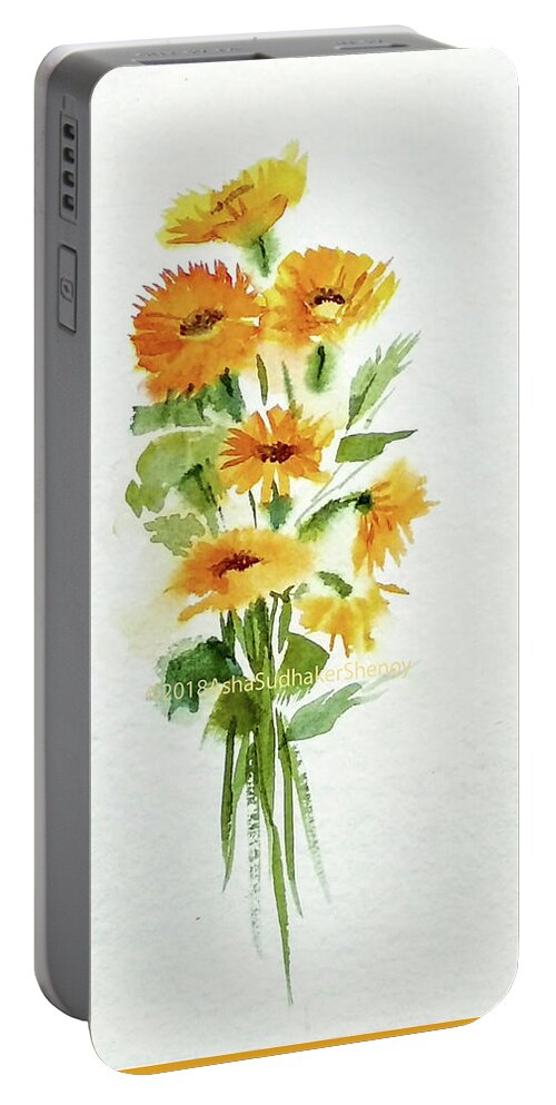 Yellow Flowers Portable Battery Charger featuring the painting Floral art by Asha Sudhaker Shenoy