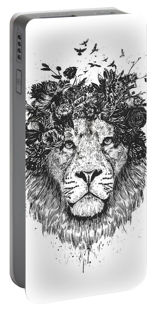 Lion Portable Battery Charger featuring the drawing Floral lion by Balazs Solti