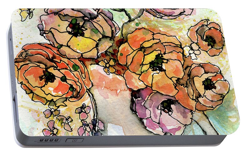Watercolor Portable Battery Charger featuring the painting Flowers in Pitcher by AnneMarie Welsh