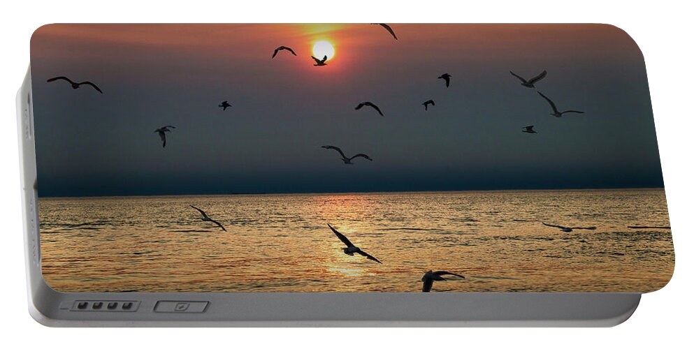 Surf Portable Battery Charger featuring the photograph Flying Gulls at Sunset on Lake Michigan by Randall Nyhof