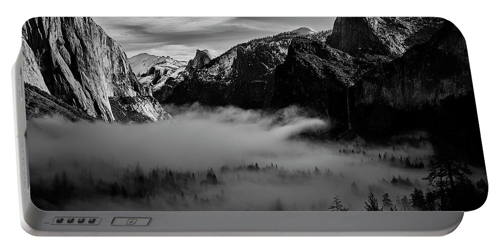 Black And White Portable Battery Charger featuring the photograph Fog in Yosemite by Jon Glaser