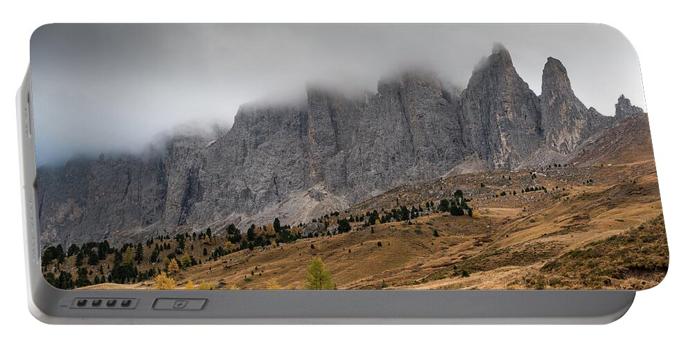 Mood Portable Battery Charger featuring the photograph Foggy mountain landscape of the picturesque Dolomites mountains by Michalakis Ppalis