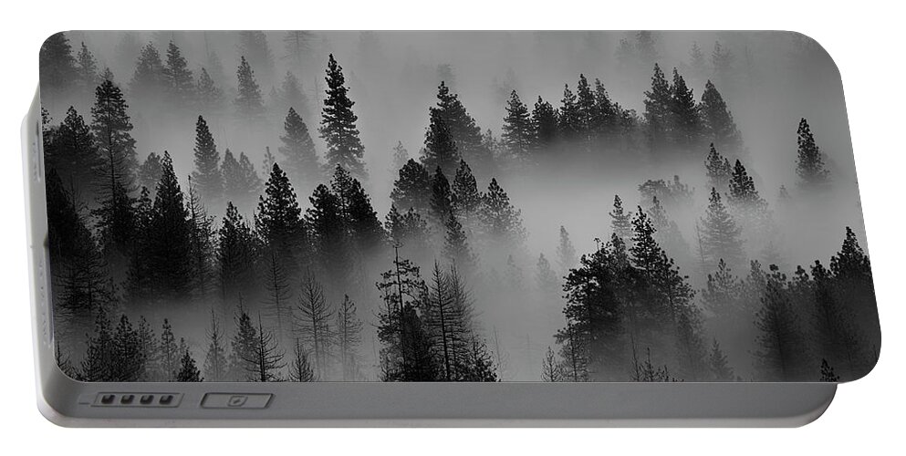 Black And White Portable Battery Charger featuring the photograph Foggy Yosemite II by Jon Glaser