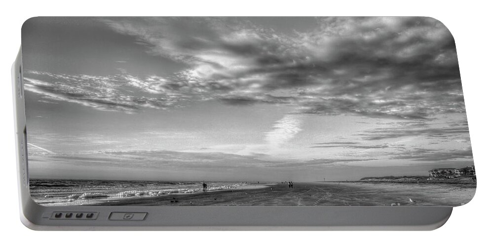 Reid Callaway Tybee Island Beach Sunrise Images Portable Battery Charger featuring the photograph Footprints In The Sand B W Tybee Island Sandy Beach Atlantic Ocean Art by Reid Callaway
