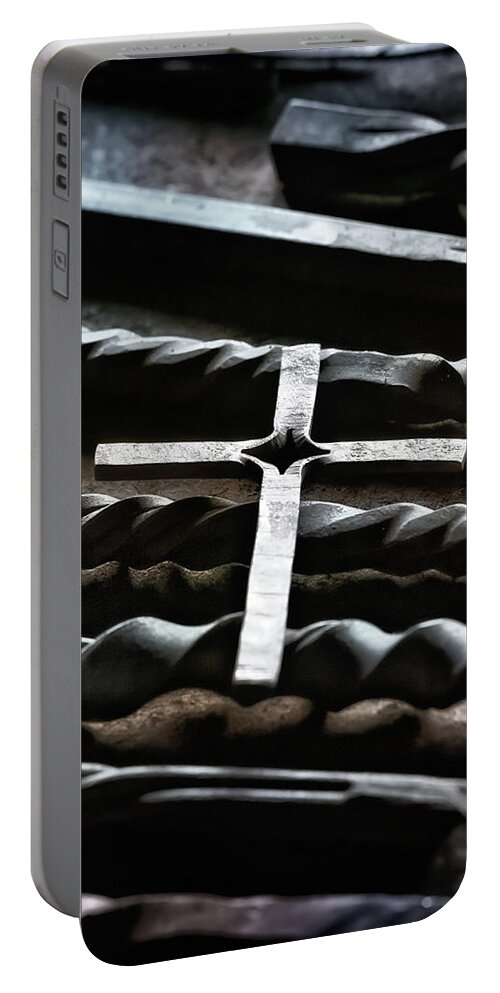 Cross Portable Battery Charger featuring the photograph Forged Cross by Susan Rissi Tregoning