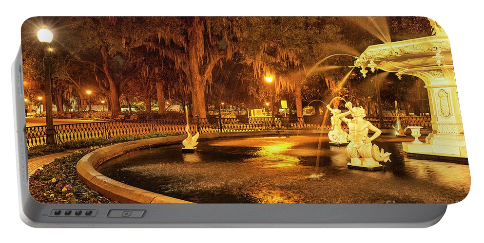 Photography Portable Battery Charger featuring the photograph Fountain At Night, Forsyth Park, Savannah, GA by Felix Lai