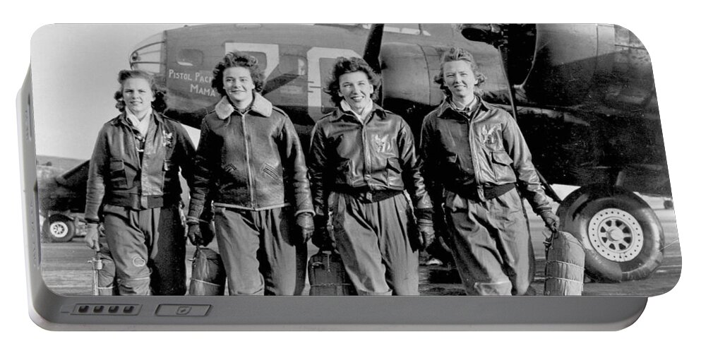Female Portable Battery Charger featuring the painting Four female pilots leaving their ship Pistol Packin Mama at the four engine school at Lockbourne by Celestial Images