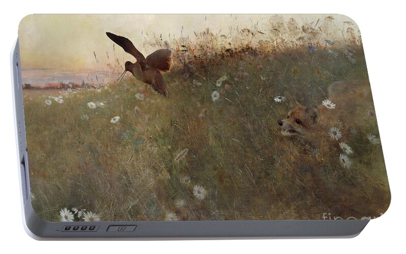 Red Fox Portable Battery Charger featuring the painting Fox And Woodcock by Bruno Andreas Liljefors