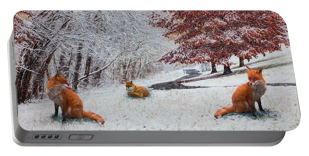 Appalachia Portable Battery Charger featuring the photograph Foxes in Winter White and Red Painting by Debra and Dave Vanderlaan