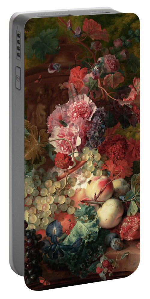 Vase Of Flowers Portable Battery Charger featuring the painting Fruit Piece by Jan van Huysum by Rolando Burbon