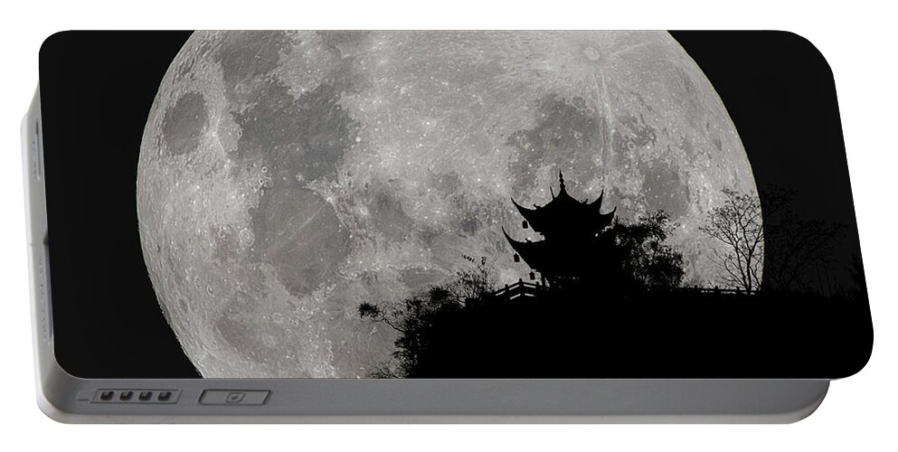 Moon Portable Battery Charger featuring the photograph Full Moon Behind Clifftop Gazebo in Chengdu China by William Dickman