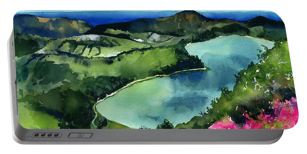Portugal Portable Battery Charger featuring the painting Furnas Lake Azores Portugal by Dora Hathazi Mendes