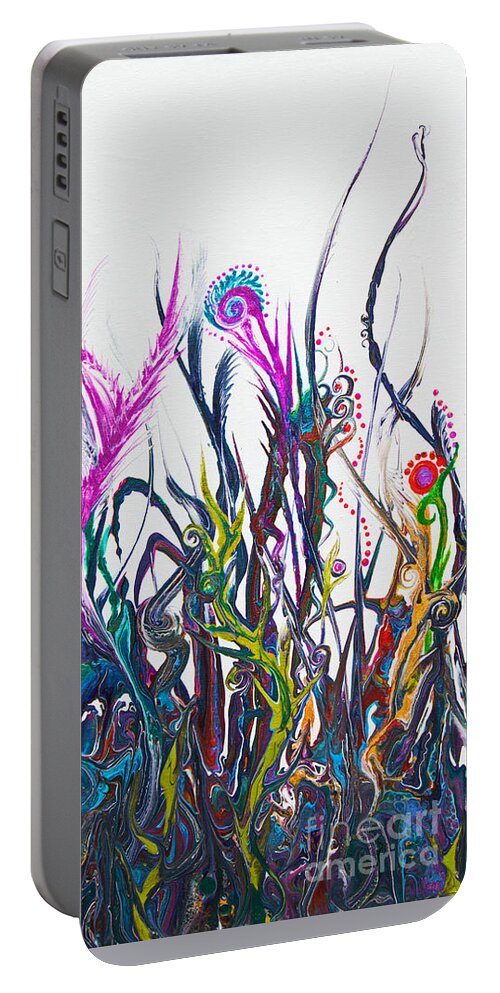 Colorful Lush-foliage Fun Organic Compelling Fun Portable Battery Charger featuring the painting Gareden of Weeden 4590 by Priscilla Batzell Expressionist Art Studio Gallery