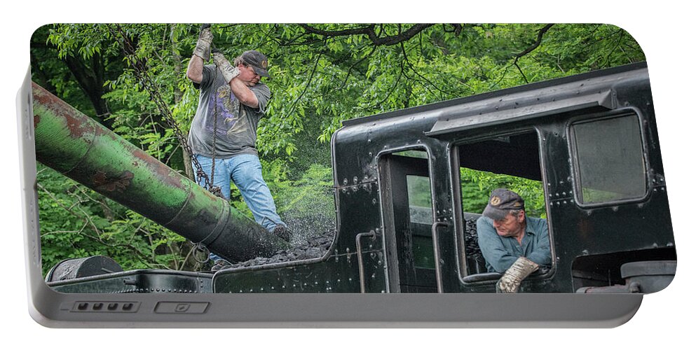 Railroad Portable Battery Charger featuring the photograph Gary Cassell, the engineer on Cass Scenic Railroad Shay 11 by Jim Pearson