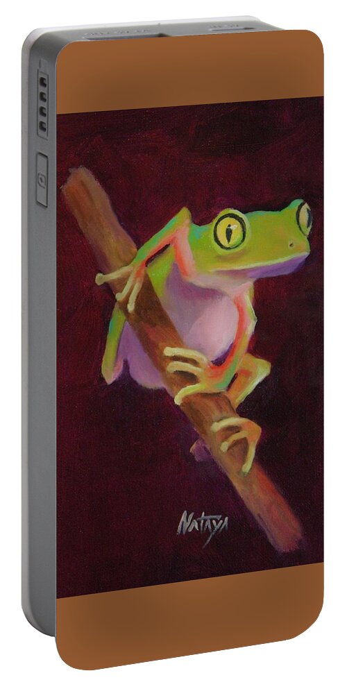 Tree Frog Portable Battery Charger featuring the painting Gato Eyes by Nataya Crow