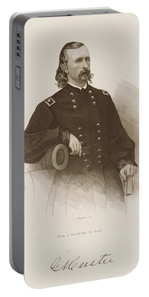 General Custer Portable Battery Charger featuring the drawing General George Armstrong Custer Engraved Portrait by War Is Hell Store