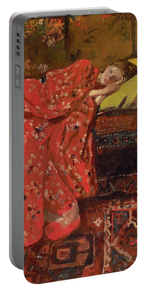 George Hendrik Breitner Portable Battery Charger featuring the painting Girl in a Red Kimono - Top Quality Image Edition by George Hendrik Breitner
