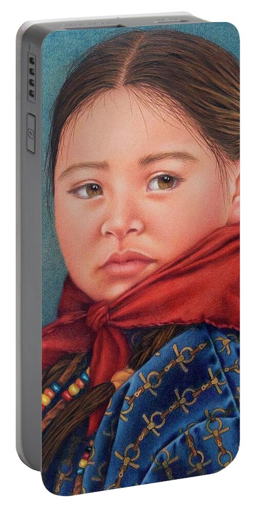 Portrait Of A Western Rodeo Girl. Native American. American Indian Portraits. Girls Face. Red Handkerchief. Girl In Braids. Horse Girl. Equine. Indian Pony Beads. Horse Tack Shirt Portable Battery Charger featuring the painting Girl in the Red Handkerchief by Valerie Evans