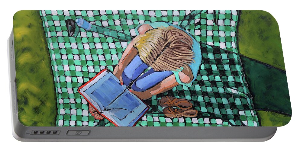 Girl Portable Battery Charger featuring the painting Girl Reading on Blanket by Kevin Hughes
