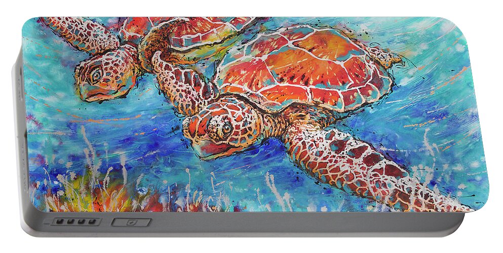 Marine Turtles Portable Battery Charger featuring the painting Gliding Sea Turtles by Jyotika Shroff