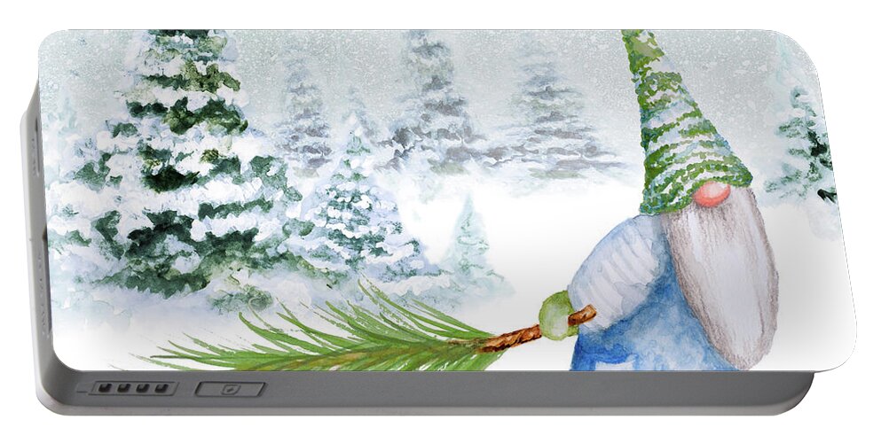 Gnome Portable Battery Charger featuring the mixed media Gnomes On Winter Holiday I by Janice Gaynor