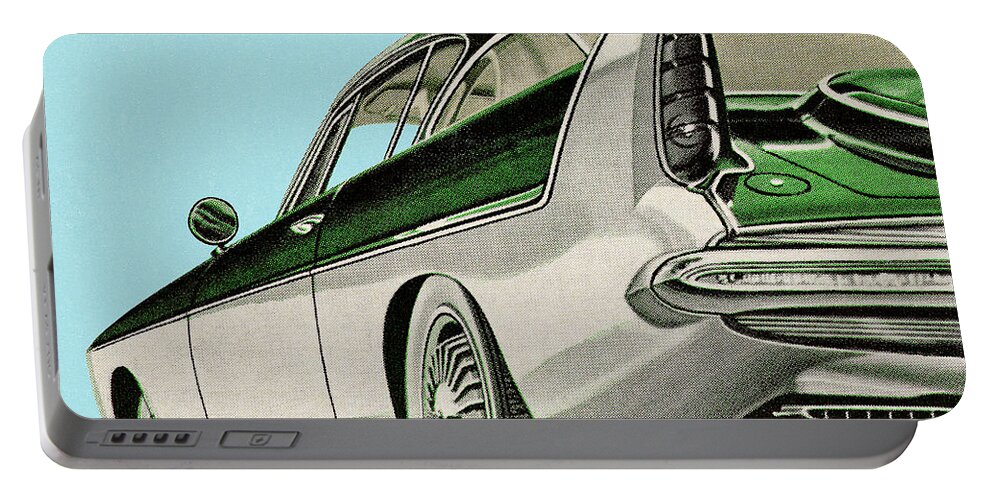 Auto Portable Battery Charger featuring the drawing Green and White Vintage Car by CSA Images
