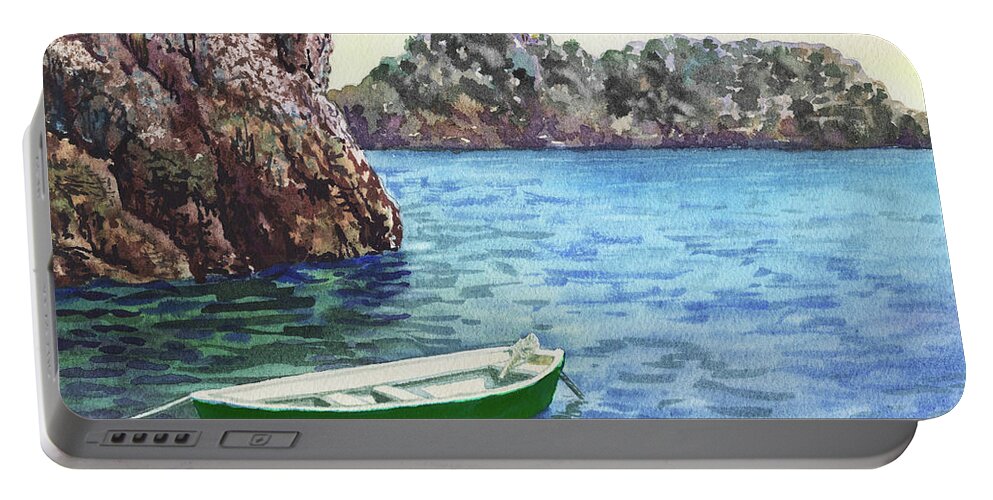 Green Boat Portable Battery Charger featuring the painting Green Boat Blue Sea Safe Harbor Watercolor by Irina Sztukowski