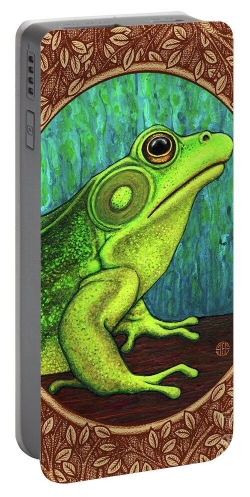 Animal Portrait Portable Battery Charger featuring the painting Green Frog Portrait - Brown Border by Amy E Fraser