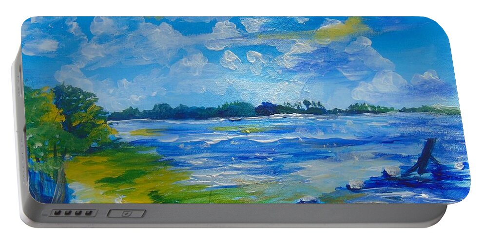 Acrylic Portable Battery Charger featuring the painting Green Key Beach by Saundra Johnson