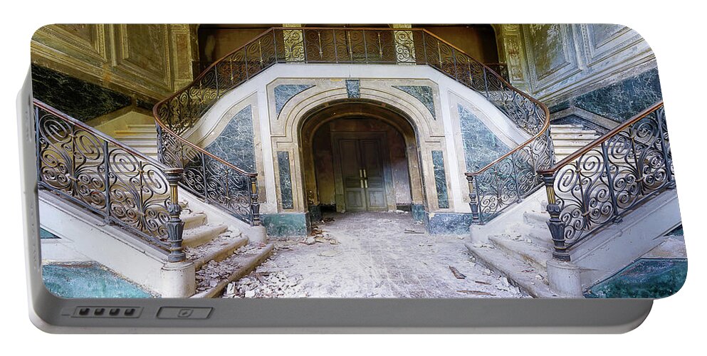 Urban Portable Battery Charger featuring the photograph Green Staircase with Marble by Roman Robroek