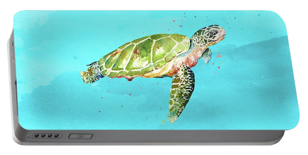 Green Portable Battery Charger featuring the mixed media Green Turtle On Light Blue by Patricia Pinto